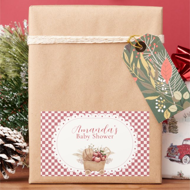 Red Gingham Boho Apple Of Our Eye Baby Shower Rectangular Sticker (Holiday)