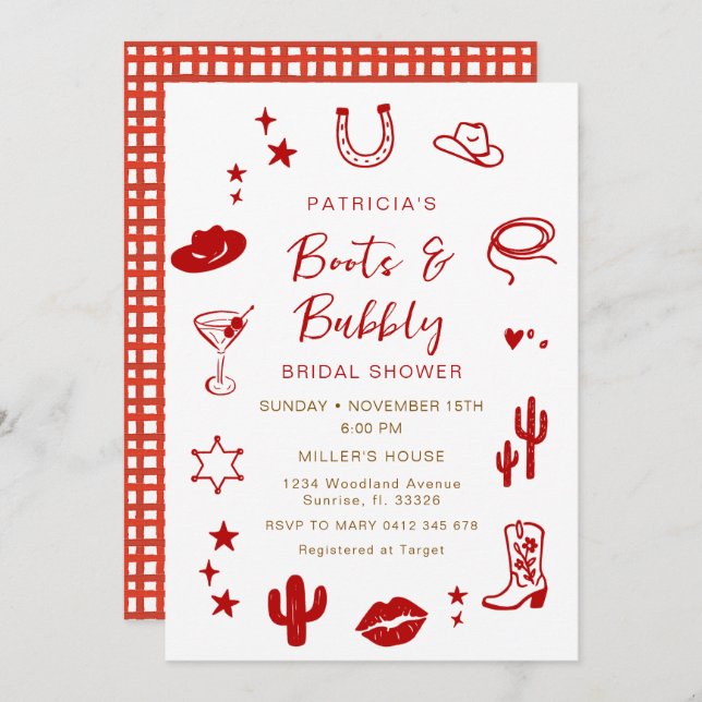 RED gingham Boots and Bubbly Cowgirl Bridal Shower Invitation (Front/Back)