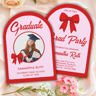 Red Gingham Bow Arch Photo Graduation Party Invitation