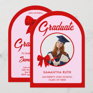 Red Gingham Bow Arch Photo Graduation Party Invitation