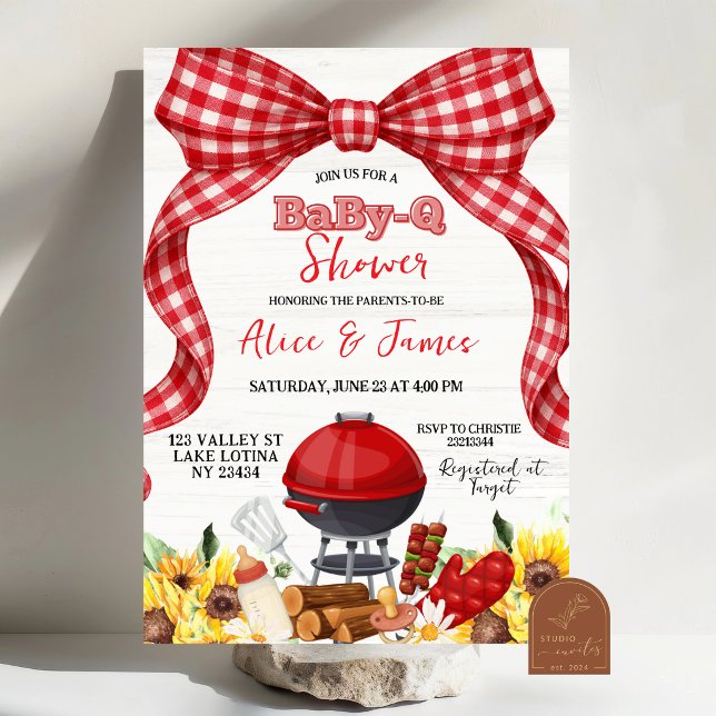 Red Gingham Bow Baby-Q Baby Shower Invitation (Creator Uploaded)