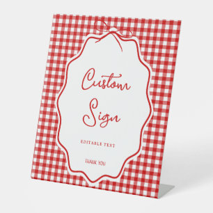 Red Gingham Bow Barbecue BBQ Baby-Q Baby Shower Pedestal Sign