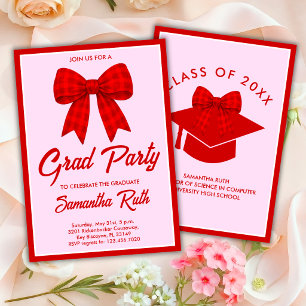 Red Gingham Bow Graduation Party Invitation