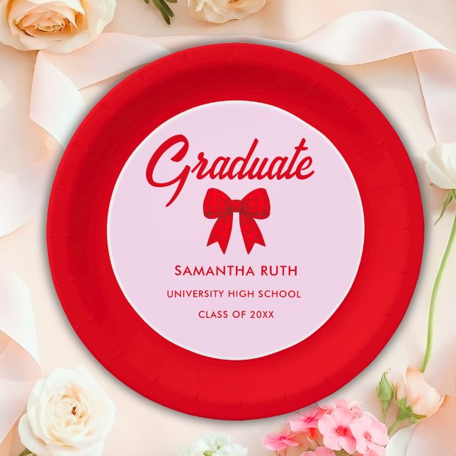Red Gingham Bow Graduation Party Paper Plate (Creator Uploaded)