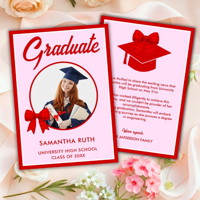 Red Gingham Bow Photo Graduation Announcement (Creator Uploaded)