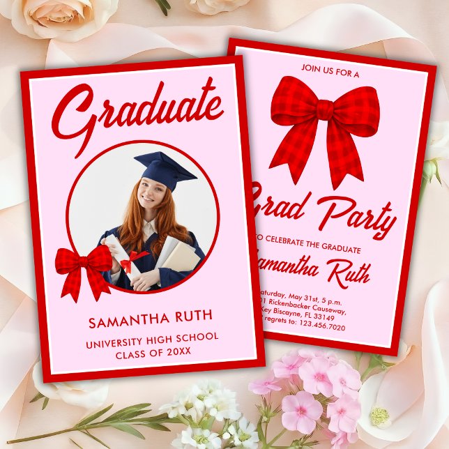 Red Gingham Bow Photo Graduation Party Invitation (Creator Uploaded)