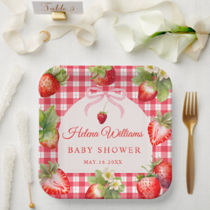 Red Gingham Bow Strawberry Baby Shower Paper Plate
