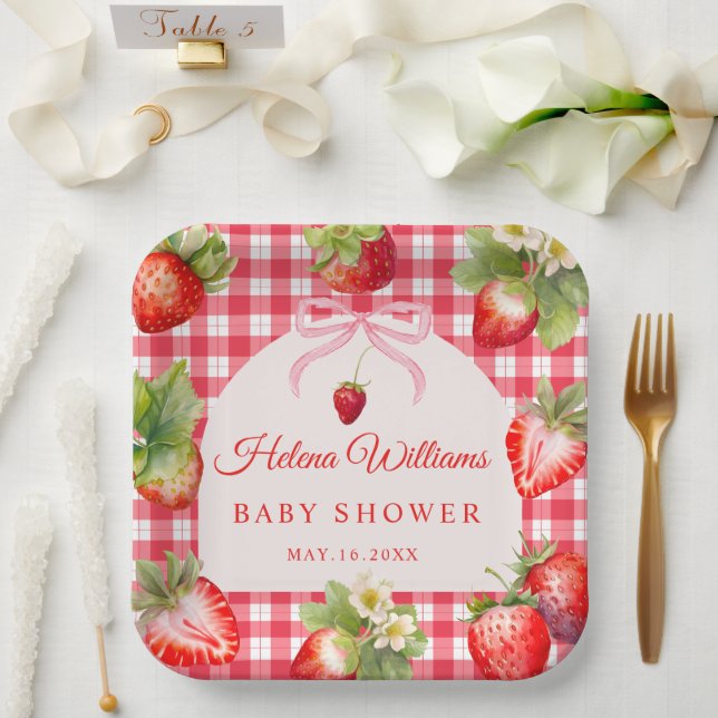 Red Gingham Bow Strawberry Baby Shower Paper Plate (Wedding)