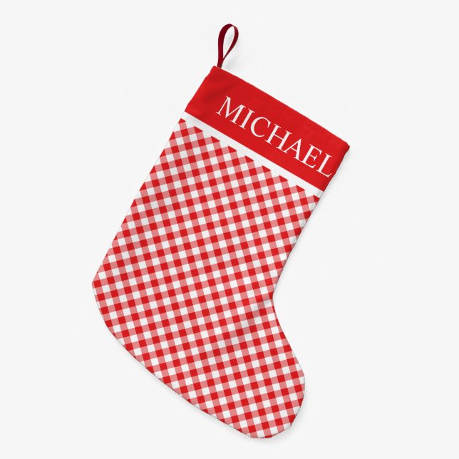Red Gingham Buffalo Check Custom Name Monogram Small Christmas Stocking (Front (Hanging))