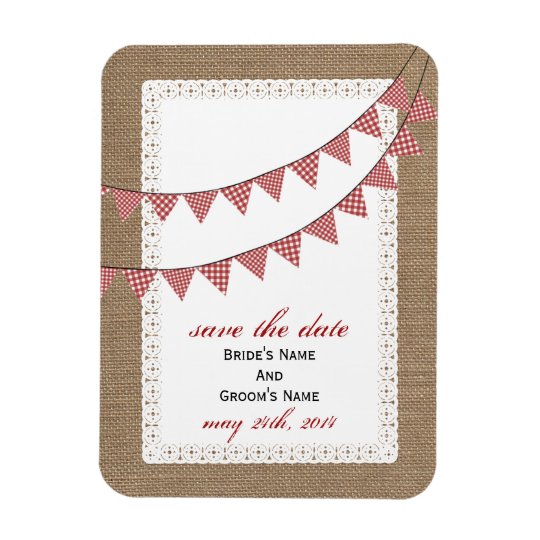 Red Gingham Bunting Burlap Inspired Save The Date Magnet