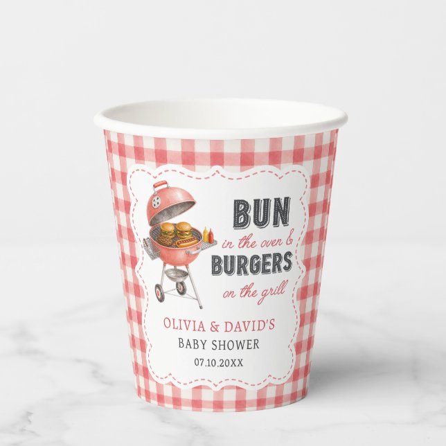 Red Gingham Burger BBQ Baby Shower Paper Cups (Front)