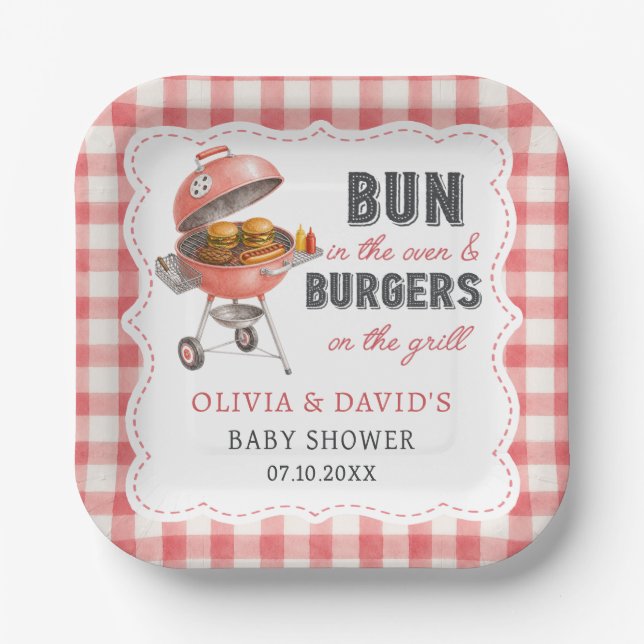 Red Gingham Burger BBQ Baby Shower Paper Plates (Front)