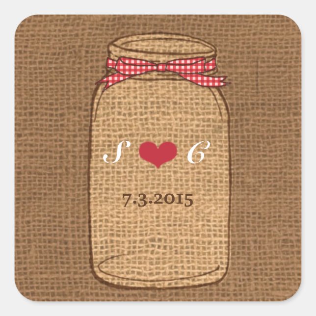 Red Gingham & Burlap Mason Jar Wedding Square Sticker (Front)