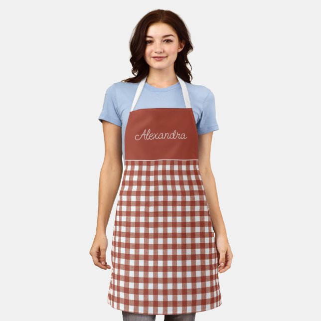 Red  Gingham Check Adult Personalised Cooking  Apron (Worn)