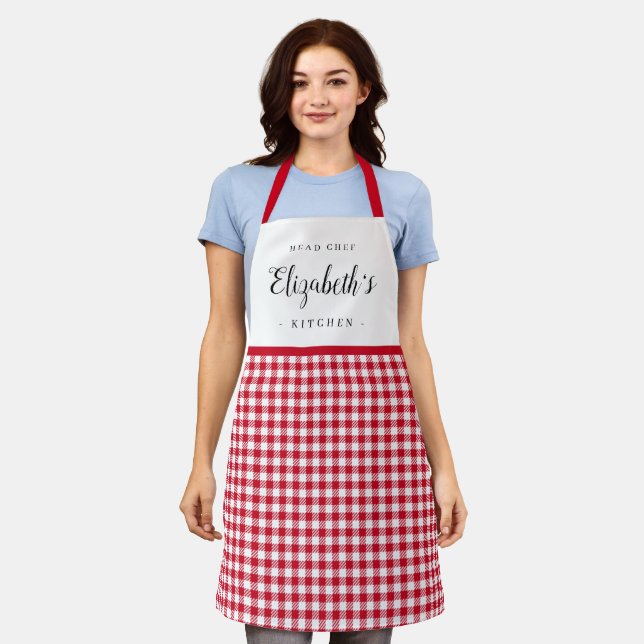 Red gingham check adult personalised cooking apron (Worn)