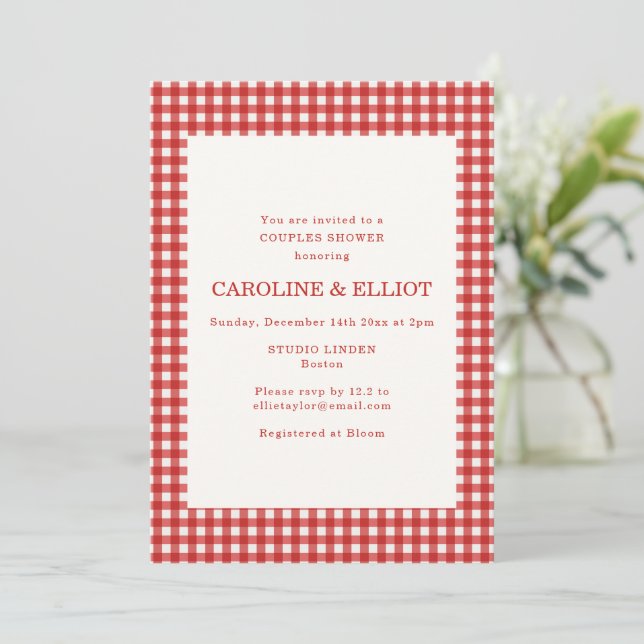 Red Gingham Check Couples Shower Celebration Invitation (Standing Front)