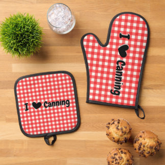 Red Gingham Check I Heart Canning Jar  Oven Mitt & Pot Holder Set