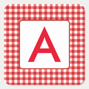 Red Gingham Check Monogram Square Stickers