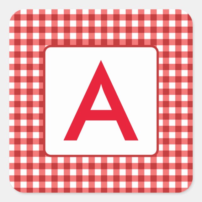 Red Gingham Check Monogram Square Stickers (Front)