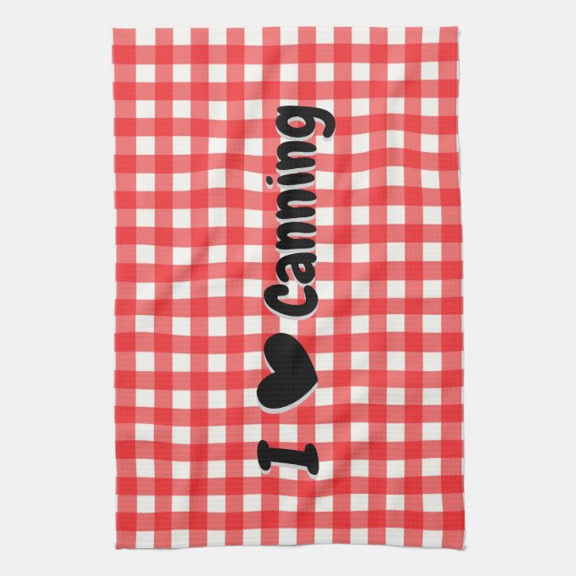 Red Gingham Check Pattern I Heart Canning Tea Towel (Vertical)