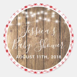 Red Gingham Check Plaid Rustic Wood Event Shower Classic Round Sticker