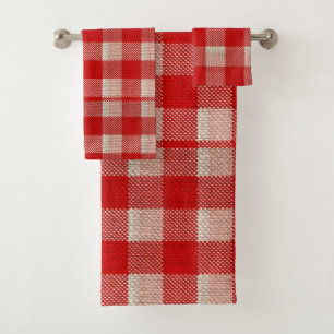Red Gingham Chequered Pattern Burlap Look Bath Towel Set
