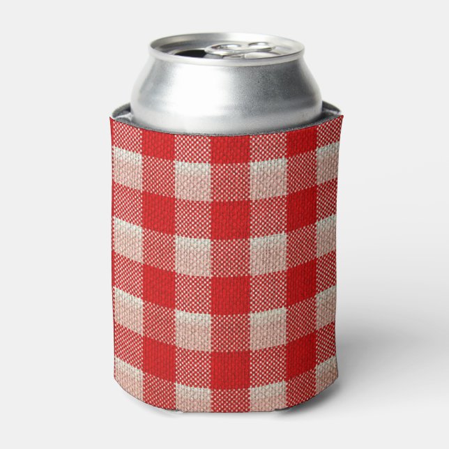 Red Gingham Chequered Pattern Burlap Look Can Cooler (Can Front)