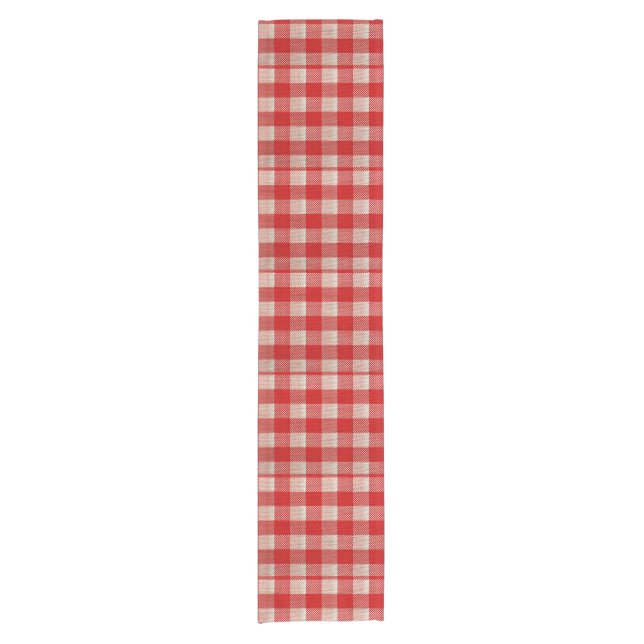 Red Gingham Chequered Pattern Burlap Look Short Table Runner (Front)