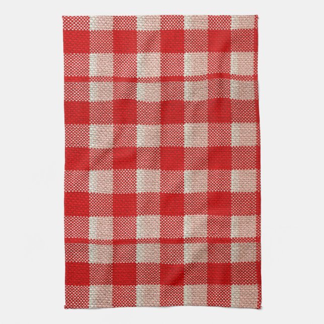 Red Gingham Chequered Pattern Burlap Look Tea Towel (Vertical)