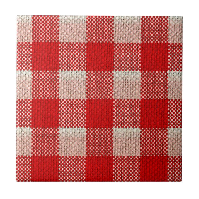 Red Gingham Chequered Pattern Burlap Look Tile (Front)