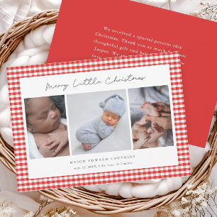 Red Gingham Christmas 3 Photo Baby Thank You Card