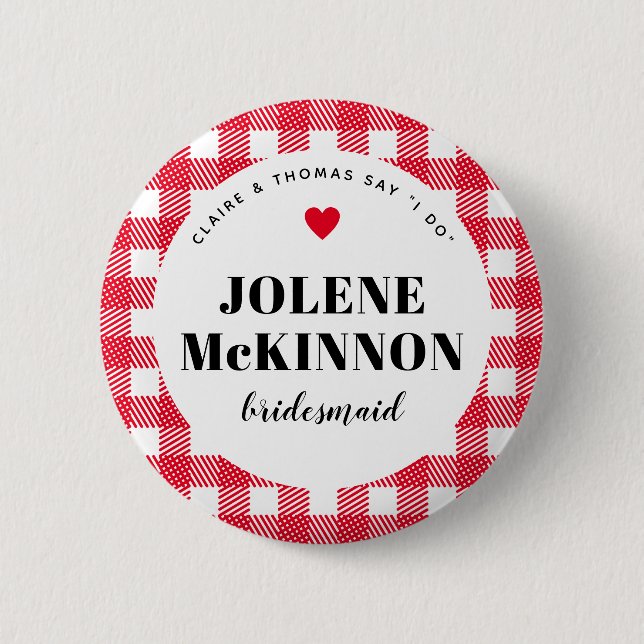 Red Gingham Country Wedding Bridesmaid Name 6 Cm Round Badge (Front)