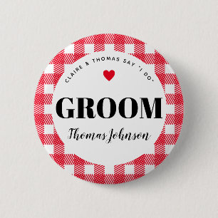 Red Gingham Country Wedding Groom's Name 6 Cm Round Badge