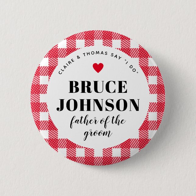 Red Gingham Country Wedding Party Dad of the Groom 6 Cm Round Badge (Front)