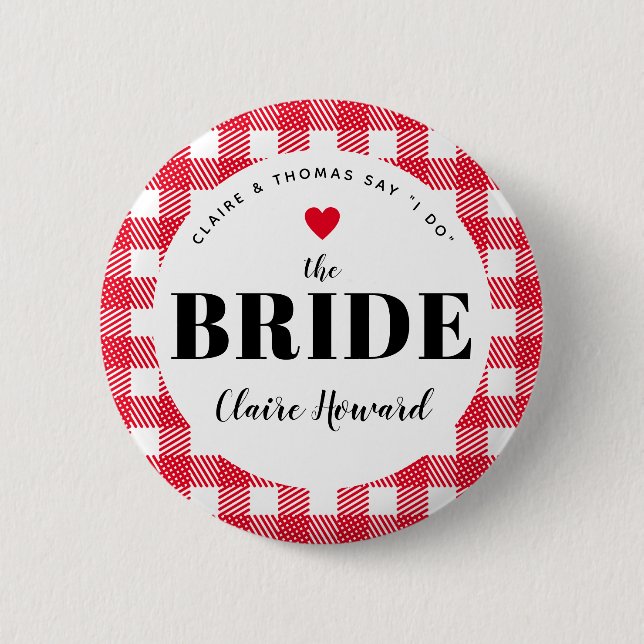 Red Gingham Country Wedding the Bride's Name 6 Cm Round Badge (Front)