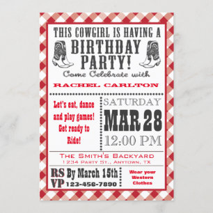 Red Gingham Cowgirl Birthday Invitation