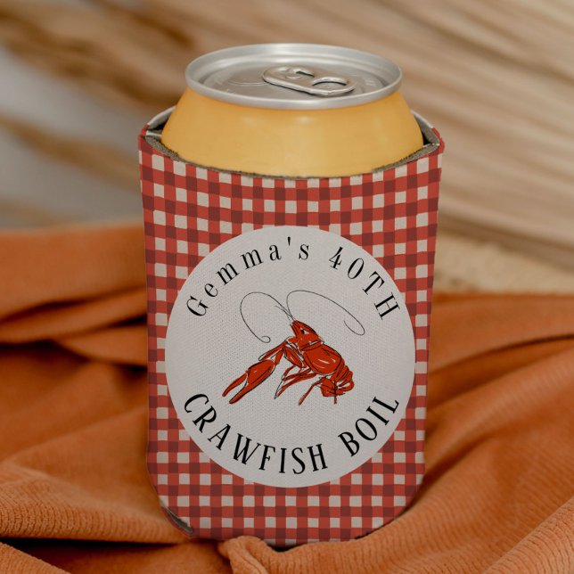Red Gingham Crawfish Boil Seafood Party Can Cooler (Crawfish illustration classic red gingham crawfish boil can cooler.)
