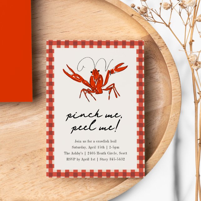 Red Gingham Crawfish Boil Seafood Summer Party Invitation (Red crawfish pinch me, peel me seafood boil party invitation.)