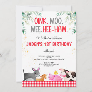 Red Gingham Farm Animals Birthday Barnyard Invitation