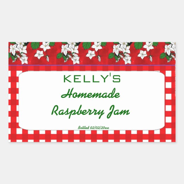Red gingham floral raspbery jam jelly label (Front)