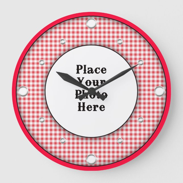 Red Gingham Frame Your Photo Wall Clock (Front)