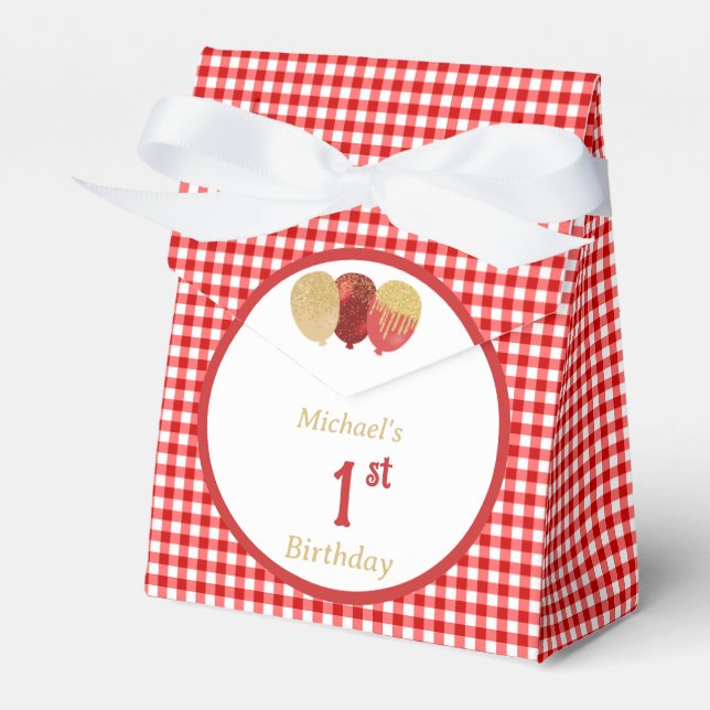 Red Gingham Glitter Balloons Custom 3 Photos  Favour Box (Front Side)