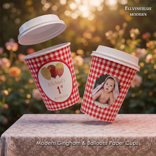 Red Gingham Glitter Balloons & Photo Birthday Paper Cups