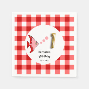 Red Gingham Gold Foil Balloon Fish 1st Birthday Napkin