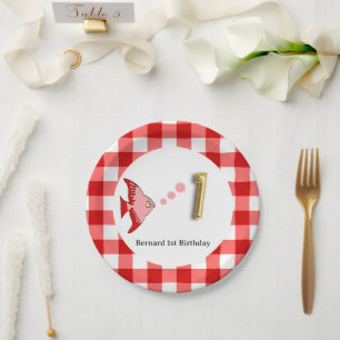Red Gingham Gold Foil Balloon Fish 1st Birthday Paper Plate