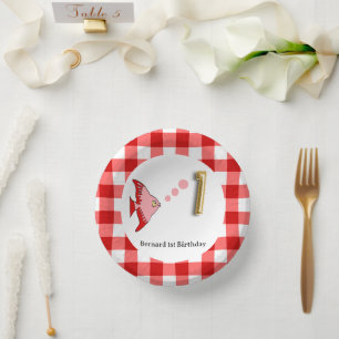 Red Gingham Gold Foil Balloon Fish 1st Birthday Paper Plate