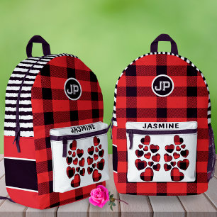 Red Gingham Heart Custom Name Left-Handed School Printed Backpack
