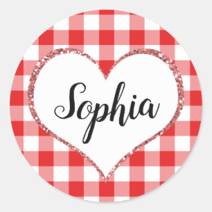 Red Gingham Heart Custom Name Monogram Valentine Classic Round Sticker