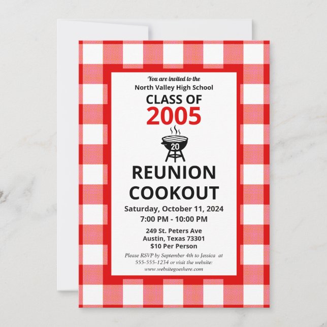 Red Gingham High School Reunion BBQ Cookout Picnic Invitation (Front)