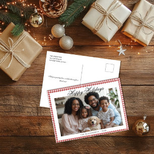 Red Gingham Holiday Photo Postcard